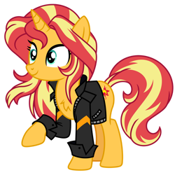 Size: 1024x1024 | Tagged: safe, artist:ambris, artist:emeraldblast63, imported from derpibooru, sunset shimmer, pony, unicorn, chest fluff, clothes, cute, female, jacket, leather jacket, mare, raised hoof, redesign, shimmerbetes, simple background, solo, transparent background