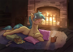 Size: 3156x2251 | Tagged: safe, artist:helmie-art, artist:helmie-d, imported from derpibooru, oc, oc only, oc:karoline skies, earth pony, pony, bag, cookie, cozy, cute, digital, ear fluff, eyes closed, female, fire, fireplace, food, lying down, mare, mug, saddle bag, smiling, solo, warm