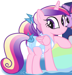 Size: 1102x1141 | Tagged: safe, artist:dm29, imported from derpibooru, princess cadance, twilight sparkle, alicorn, pony, beach ball, bikini, butt, clothes, cropped, female, lovebutt, mare, plot, simple background, solo focus, sunscreen, swimsuit, teen princess cadance, transparent background, water