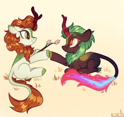 Size: 1958x1849 | Tagged: safe, artist:n in a, imported from derpibooru, autumn blaze, cinder glow, summer flare, kirin, nirik, beige background, duo, female, food, hoofbump, marshmallow, simple background, sitting, smiling