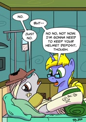 Size: 1280x1811 | Tagged: safe, artist:pony-berserker, imported from derpibooru, oc, oc:final drive, oc:longhaul, pony, bandage, bed, cast, comically missing the point, hospital, hospital bed, pillow, unamused