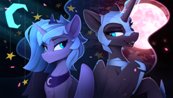 Size: 2300x1320 | Tagged: safe, artist:yakovlev-vad, imported from derpibooru, nightmare moon, princess luna, alicorn, pony, constellation, crescent moon, duality, duo, ethereal mane, fangs, female, full moon, glowing horn, helmet, horn, mare, moon, open mouth, s1 luna, slim, stars