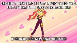 Size: 700x394 | Tagged: safe, edit, edited screencap, imported from derpibooru, screencap, sunset shimmer, equestria girls, equestria girls series, sunset's backstage pass!, spoiler:eqg series (season 2), backstage pass, caption, henshin, image macro, in the name of the moon i'll punish you, logo, pose, sailor moon, sliding background, text