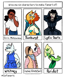 Size: 828x972 | Tagged: safe, artist:lieutenantcactus, imported from derpibooru, sunburst, anthro, human, lizard, pony, unicorn, six fanarts, animal crossing, anthro with ponies, beetlejuice, clothes, coat markings, connie maheswaran, crossover, dark skin, eating, eyes closed, female, glasses, lydia deetz, male, open mouth, peridot (steven universe), socks (coat marking), socks (coat markings), stallion, steven universe, trail to oregon, whitney (animal crossing)