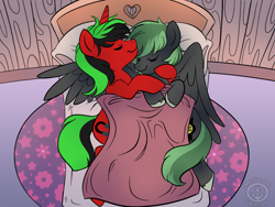 Size: 1200x900 | Tagged: safe, artist:nauticaldog, artist:skeedio, imported from derpibooru, oc, oc:avis domus, oc:cherry decibel, pegasus, pony, unicorn, bed, cuddling, duo, eyes closed, female, heart, hug, lesbian, oc x oc, shipping, sleeping