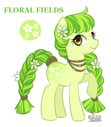 Size: 466x530 | Tagged: safe, artist:nauticaldog, imported from derpibooru, oc, oc only, oc:floral fields, earth pony, pony, braid, female, flower, flower in hair, raised hoof, simple background, solo, white background