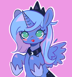 Size: 720x775 | Tagged: safe, artist:10uhh, artist:mesqrit, imported from derpibooru, princess luna, alicorn, pony, blushing, crown, cute, female, filly, jewelry, lunabetes, no pupils, open mouth, pink background, regalia, s1 luna, simple background, solo, spread wings, white outline, wings, woona, younger