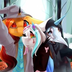 Size: 2160x2160 | Tagged: safe, artist:ellis_sunset, imported from derpibooru, oc, oc only, alicorn, pony, unicorn, alicorn oc, clothes, costume, halloween, hat, heterochromia, holiday, horn, jack-o-lantern, one eye closed, outdoors, plague doctor mask, pumpkin, selfie, smiling, tree, two toned wings, unicorn oc, wings, wink, witch hat