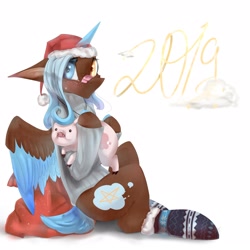 Size: 2160x2160 | Tagged: safe, artist:ellis_sunset, imported from derpibooru, oc, oc only, alicorn, pig, pony, alicorn oc, bandaid, bandaid on nose, christmas, clothes, freckles, happy new year 2019, hat, heterochromia, holiday, horn, santa hat, santa sack, simple background, sitting, socks, two toned wings, white background, wings