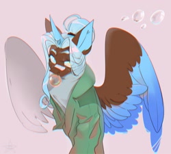 Size: 2400x2160 | Tagged: safe, artist:ellis_sunset, imported from derpibooru, oc, oc only, alicorn, pony, alicorn oc, bandaid, bandaid on nose, bubblegum, bust, clothes, food, gum, heterochromia, horn, solo, two toned wings, wings