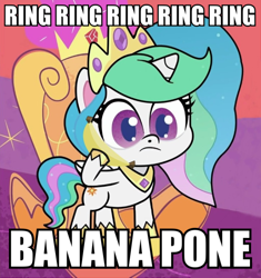 Size: 676x720 | Tagged: safe, edit, edited edit, edited screencap, imported from derpibooru, screencap, princess celestia, pony, my little pony: pony life, pinkie pie: hyper-helper, spoiler:pony life s01e06, banana, bananalestia, bananaphone, caption, cute, cutelestia, female, food, g4.5, image macro, raffi, text