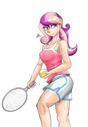 Size: 1400x2000 | Tagged: safe, artist:zachc, imported from derpibooru, princess cadance, human, clothes, female, humanized, looking away, solo, tennis ball, tennis racket