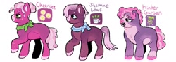 Size: 1280x458 | Tagged: safe, artist:mylittlegami, imported from derpibooru, cheerilee, jasmine leaf, oc, oc:kinder garden, earth pony, pony, female, headcanon, mare, siblings, simple background, sisters, white background