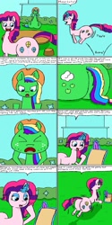 Size: 1280x2560 | Tagged: safe, artist:eternaljonathan, imported from derpibooru, applejack, pinkie pie, rainbow dash, rarity, oc, oc:party fashion, oc:streaking sour apple, earth pony, pegasus, pony, unicorn, comic:super party fusion, butt, canterlot, canterlot castle, clipboard, comic, commissioner:bigonionbean, cutie mark, dialogue, female, flank, fusion, fusion:party fashion, fusion:streaking sour apple, huge butt, jiggle, large butt, magic, mare, plot, potion, quill pen, the ass was fat, thicc ass, wings, writer:bigonionbean