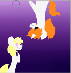 Size: 380x389 | Tagged: safe, artist:pawstheartest, imported from derpibooru, oc, oc only, pony, unicorn, bipedal, duo, eyepatch, gradient background, horn, smiling, unicorn oc, upside down