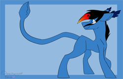 Size: 3049x1966 | Tagged: safe, artist:toptian, imported from derpibooru, oc, oc only, monster pony, pony, abstract background, augmented tail, looking back, male, raised hoof, smiling, stallion