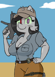 Size: 2480x3508 | Tagged: safe, artist:divijua, imported from derpibooru, oc, oc only, oc:blackie, anthro, unicorn, anthro oc, black hair, breasts, cleavage, female, gun, heterochromia, weapon