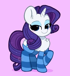 Size: 2300x2500 | Tagged: safe, artist:kittyrosie, imported from derpibooru, rarity, pony, unicorn, blushing, chest fluff, clothes, cute, ear fluff, female, high res, mare, pink background, raribetes, simple background, socks, solo, striped socks