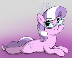 Size: 868x704 | Tagged: safe, artist:heretichesh, imported from derpibooru, diamond tiara, earth pony, pony, cute, diamondbetes, female, filly, glasses, jewelry, lying down, prone, smiling, solo, tiara