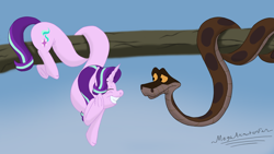 Size: 1632x918 | Tagged: safe, artist:megaanimationfan, imported from derpibooru, starlight glimmer, snake, coiling, crossover, disney, elastic, kaa, long glimmer, long pony, stretchy, the jungle book, tree branch