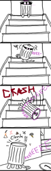 Size: 696x2306 | Tagged: safe, artist:quiet scribbles, oc, oc only, oc:molly cutter, pony, unicorn, bandit, censored vulgarity, dialogue, female, filly, grawlixes, reeee, reversed gender roles equestria general, stairs, trash can