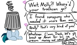 Size: 1070x629 | Tagged: safe, artist:quiet scribbles, oc, oc only, oc:delta vee, oc:heartthrob, oc:molly cutter, earth pony, pony, dialogue, female, offscreen character, reversed gender roles equestria general, simple background, trash can, white background