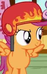 Size: 187x289 | Tagged: safe, screencap, scootaloo, just for sidekicks, animated, gif, helmet, looking at you, sideways glance, smiling, smirk