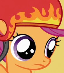 Size: 380x434 | Tagged: safe, screencap, scootaloo, just for sidekicks, frown, helmet, solo