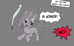 Size: 960x600 | Tagged: safe, artist:hotkinkajou, oc, oc only, oc:molly cutter, pony, unicorn, dialogue, female, filly, knife, kukri, magic, meme, offscreen character, ponified meme, running, speech bubble, telekinesis