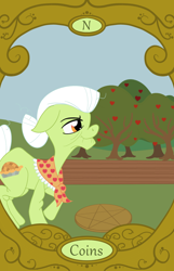 Size: 900x1400 | Tagged: safe, artist:sixes&sevens, imported from derpibooru, granny smith, apple, apple tree, field, knight of coins, knight of diamonds, tarot card, tree