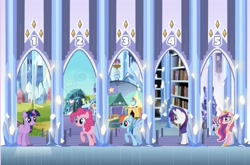 Size: 1089x720 | Tagged: safe, imported from derpibooru, pinkie pie, princess cadance, rainbow dash, rarity, twilight sparkle, alicorn, earth pony, pegasus, pony, unicorn, crystal empire, crystal empire seek and find, crystal palace, game, hasbro, official, stock vector