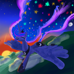 Size: 1920x1920 | Tagged: safe, artist:ja0822ck, imported from derpibooru, princess luna, alicorn, pony, eyes closed, female, flying, mare, solo, sunset