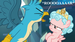 Size: 1280x720 | Tagged: safe, edit, edited screencap, imported from derpibooru, screencap, cozy glow, gallus, griffon, school raze, angry, cozy glow is not amused, eyes closed, furry reminder, jewelry, roar, tiara