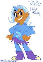 Size: 753x1090 | Tagged: safe, artist:mirabuncupcakes15, imported from derpibooru, trixie, human, boots, clothes, dark skin, female, grin, high heel boots, hoodie, horn, horned humanization, humanized, pants, raised eyebrow, shoes, simple background, skirt, smiling, smug, solo, white background