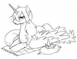 Size: 2000x1539 | Tagged: safe, artist:aritimas, imported from derpibooru, oc, oc only, alicorn, pony, alicorn oc, crown, cushion, female, grayscale, horn, jewelry, lying down, mare, monochrome, prone, regalia, sleepy, solo, wings