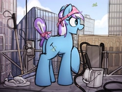 Size: 4000x3000 | Tagged: safe, artist:selenophile, imported from derpibooru, oc, oc only, oc:spotless skies, earth pony, pegasus, pony, adoptable, anus, bandana, butt, city, manehattan, plot, simplistic anus, skyscraper, tail wrap, window washer