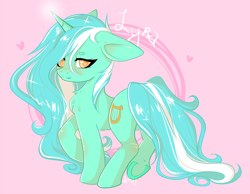 Size: 4500x3500 | Tagged: safe, artist:amywhandicy, imported from derpibooru, lyra heartstrings, pony, unicorn, female, floppy ears, glowing horn, heart, horn, long mane, looking at you, mare, pink background, signature, simple background, smiling, solo