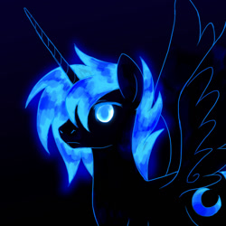 Size: 1000x1000 | Tagged: safe, artist:aritimas, imported from derpibooru, princess luna, alicorn, pony, glowing eyes, glowing mane, male, prince artemis, rule 63, solo, stallion