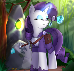 Size: 5000x4754 | Tagged: safe, artist:feital-zebra, artist:felixf, imported from derpibooru, rarity, pony, unicorn, absurd resolution, armor, bag, female, forest, gem, looking closely, magic, magnifying glass, mare, one eye closed, rock, saddle bag, signature, solo, sword, telekinesis, weapon