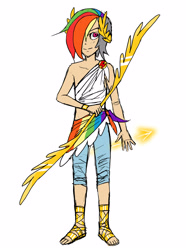 Size: 2600x3500 | Tagged: safe, artist:aritimas, imported from derpibooru, part of a set, rainbow dash, human, arrow, bow (weapon), bow and arrow, clothes, hair over one eye, humanized, male, rainbow blitz, rule 63, sandals, simple background, solo, weapon, white background