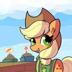 Size: 3000x3000 | Tagged: safe, artist:tjpones, imported from derpibooru, applejack, earth pony, pony, winter wrap up, female, mare, scene interpretation, seeds, smiling, snow, solo, winter, winter wrap up vest