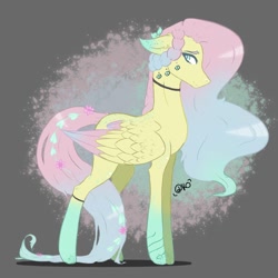 Size: 1024x1024 | Tagged: safe, artist:kurookaamii, artist:thelazyponyy, imported from derpibooru, fluttershy, pegasus, pony, abstract background, coat markings, colored eartips, colored wings, colored wingtips, female, floppy ears, mare, multicolored mane, redesign, signature, socks (coat marking), socks (coat markings), solo