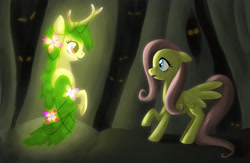 Size: 4000x2600 | Tagged: safe, artist:aritimas, imported from derpibooru, fluttershy, oc, pegasus, pony, crepuscular rays, duo, female, floppy ears, flower, forest, glow, glowing, mare, solo