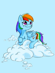 Size: 1200x1600 | Tagged: safe, artist:underdog234, imported from derpibooru, rainbow dash, pegasus, pony, blue background, cloud, female, lying down, lying on a cloud, mare, on a cloud, simple background, solo