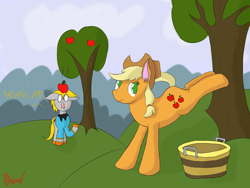 Size: 2828x2121 | Tagged: safe, artist:shinxx24, imported from derpibooru, applejack, oc, oc:shinxx, earth pony, pegasus, pony, apple, apple tree, applebucking, blank eyes, blood, duo, female, floppy ears, food, male, mare, no pupils, nosebleed, not derpy, stallion, tree, waifu