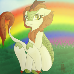 Size: 2449x2449 | Tagged: safe, artist:shinxx24, imported from derpibooru, autumn blaze, kirin, female, floppy ears, rainbow, sitting, solo