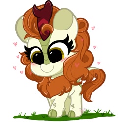 Size: 1255x1253 | Tagged: safe, artist:kittyrosie, imported from derpibooru, autumn blaze, kirin, awwtumn blaze, blushing, chibi, cute, female, grass, heart, kittyrosie is trying to murder us, mare, simple background, smiling, solo, white background