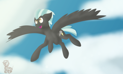 Size: 3162x1897 | Tagged: safe, artist:shinxx24, imported from derpibooru, thunderlane, pegasus, pony, cloud, cute, flying, lineless, male, sky, sky background, solo, stallion, thunderbetes