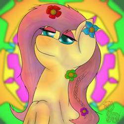 Size: 3000x3000 | Tagged: safe, artist:shinxx24, imported from derpibooru, fluttershy, pegasus, pony, female, flower, flower in hair, flutterhigh, high, implied drug use, mare, psychedelic, solo