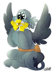 Size: 1750x2500 | Tagged: safe, artist:ihasjessie-kat, imported from derpibooru, gabby, griffon, chest fluff, cute, female, gabbybetes, happy, mailbag, simple background, sitting, solo, spread wings, transparent background, weapons-grade cute, wings